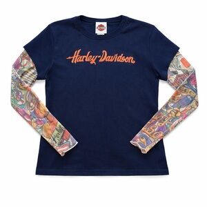 Harley-Davidson Cheyenne Wyoming Tattoo Mesh Sleeve Layered Tee Navy M